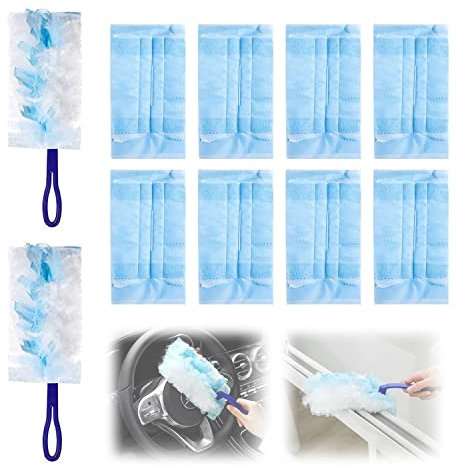 2pcs Dust Collection Handle and 10pcs Spare (Fiber cloth), Dust Absorbing and Washable, Rotating Dust Removal Broom, Microfiber Dust Removal Cloth