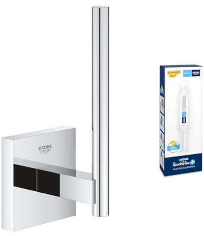 GROHE Start Cube Spare Toilet Roll Holder with GROHE QuickGlue A1 (Material: Metal, Wall Mounted, Concealed Fastening, with Screws and Dowels), Size 134 mm, Extra Easy to Fit, Chrome, 40979000