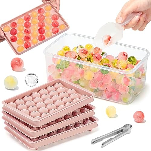 Cubiteras para Hielo, Mini Ice Cube Tray, 1in x 99 Pcs Redondos Cubiteras para Hielo con Tapa Molde Hielo con Contenedor de Hielo, Pinza y Cuchara para Cócteles de Cerveza Whisky Café - Rosa