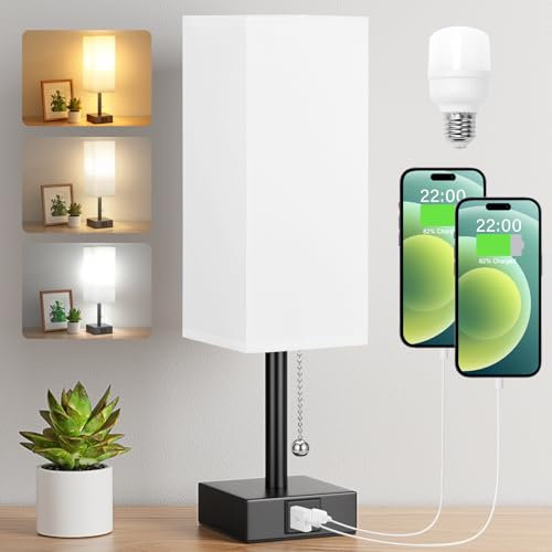 Aooshine Bedside Lamp, Table Lamps for Bedroom with USB C+A Charging Ports, Small Bedroom Lamps with 3-Color Modes with Pull Chain, Table Lamp with White Fabric Shade(LED Bulb Included)