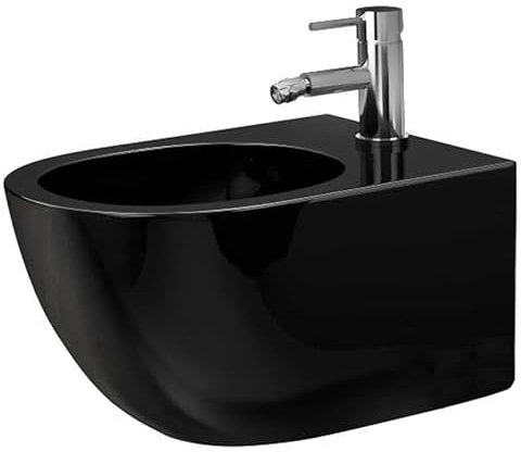 Rea Bidet suspendu Carlo Mini black shiny Bidet Mural en Céramique pour Salle de Bains 49,5 x 37 x 32,5 cm (Noir brillant)