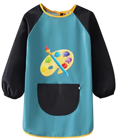 HSLXBY Malschürze Kinder,Wasserdicht Malkittel,Malschürze Mit Langen Ärmeln Für Kinder,Bastelschürze Mit Große Taschen,Geeignet Für Handwerk,Malen,Backen,Kochen(Grüner)