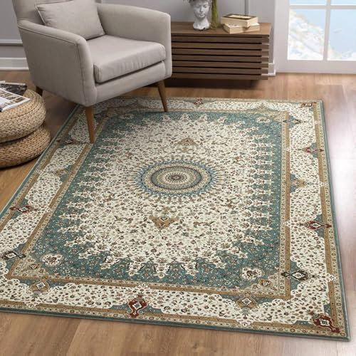 Imperial Rooms Machine Washable Rugs Living Room 120 x 170 cm – Soft Short Pile Large Green Area Rugs For Bedroom Non Slip Carpet Bedside Rug Traditional Design Vintage Boho Cashmere Rug, Willow