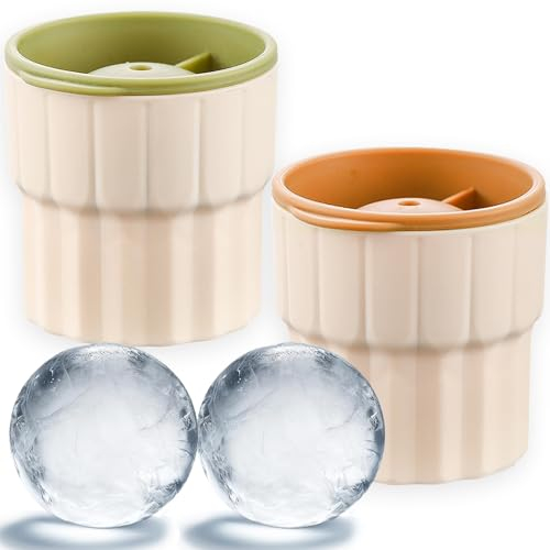 Ice Cube Tray with Lid, Large Leak Proof Ice Ball Mold, 2 Pack 5.5 cm Giant Round Ice Cube Maker, Sphere Ice Cube Moulds for Water, Whiskey, Cocktail, Pudding, Jelly, Milk, Juice (1Green 1Coffee)