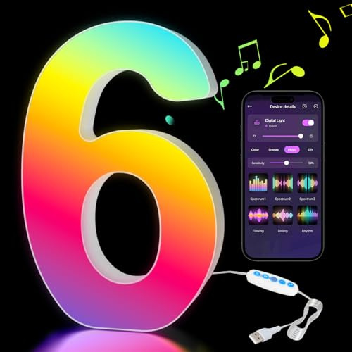 Kangtaixin LED Zahlen Lampe 0-9, Leuchtzahlen Geburtstagsdeko mit USB-Netzteil, APP-Kontrolle, Dimmbar, Dekoration für Bar Mitzvah, Weihnachten Deko, Neujahr, Hochzeit Party Valentinstag - Zahlen 6