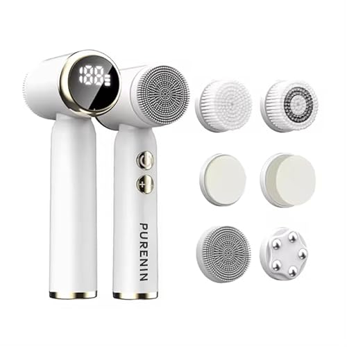 PURENIN - 6in1 Set - Elektrische Gesichtsreinigungsbürste, auch für unterwegs, 360 Grad Rotation des Bürstenkopfes, wasserdicht nach IPX6, elektrischer Gesichtsreiniger (Weiß)