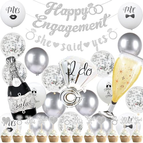 Silver Engagement Party Decorations Banner - 37Pcs Glitter Happy Engagement She Said Yes Banners Cupcake Toppers Diamond Ring Wine Glass Bottle Foil Balloons for Proposal Party Supplies