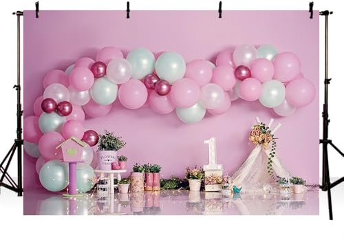 MEHOFOND Toile de fond pour 1er anniversaire de fille rose de 2,1 x 1,5 m pour boîte aux lettres, bottes de pluie, tente de plantation verte, arche de ballons, arrière-plan pour photographie, gâteau,
