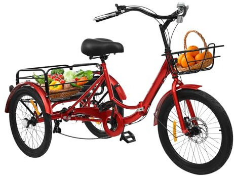 Begoniape 20 Zoll Klappbar Dreirad, 7 Gänge Dreirad Fahrrad, 3 Rad Fahrrad für Erwachsene und Senioren, Einstellbare Tricycle Dreirad City-Dreirad mit Vordere & Hinteren Korbs, bis 130 Kg (Rot)