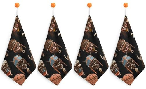 LYHVSFZQ Küchentücher, Handtücher für Badezimmer, afrikanisches Ritual, ethnisch, Tribal, bedruckte Handtücher, Küche, Geschirrtuch, geeignet 30 cm, quadratisch, 4 Stück für die Küche