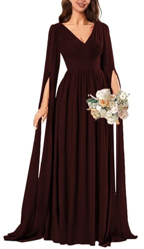 HPPEE Elegant Bridesmaid Dresses for Women with Sleeves V Neck Floor Length Long Chiffon Formal Party Gown UK14 Burgundy
