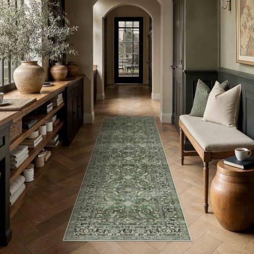 HUGEAR Vintage Teppich Läufer Flur 60x240cm Grün Waschbar | Waschbarer Teppich, Rutschfest Weich, Kurzflor Retro, für Vorzimmer, Schlafzimmer Küche, Brücken Hallway, Carpet