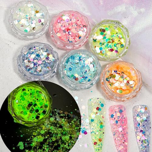 Glitzer Gesicht,6 Farben Fluoreszierendes Nailart Glow-in-the-Dark-Glitter,Glitzer Schminke Gesicht,Festival Glitzer Gesicht,Glitzerpulver 45g Zum Basteln Für Make-Up, Karten, Nagelkunst, Party, DIY,