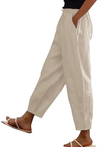 bolukets Leinenhose Damen 7/8 Leichte Freizeithose Casual Musselin Sommerhose Stoffhose Kordelzug Straight Leg Hose Mit Taschen