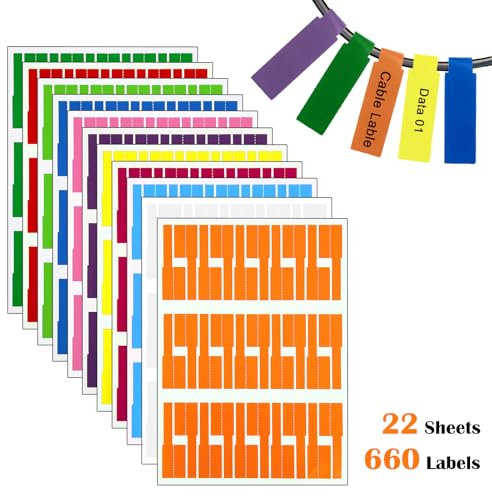 Wanmu 22 Sheet 660Pcs Colorful Cable Labels, Self-Adhesive Cables Markers, Waterproof Tear Resistant Wire Labels Stickers, Write On Tags for Electronics, Laser Printer Handwriting (9 Color)