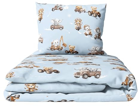 Baby Comfort 2-Piece Toddler Duvet & Pillow Set - 120x90 cm - 100% Cotton Breathable Fabric - Machine Washable Quilted Bedding for Cot Bed 12M+ (Animals in transport)