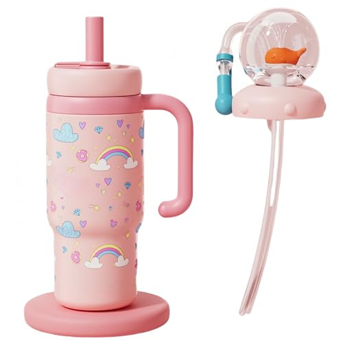 Generisch Gobelet de fontaine en acier inoxydable 3D avec poignée, gobelet avec éclaboussures de baleine, 710 ml, bouteille d'eau de baleine, deux couvercles, anti-fuite pour enfants, adolescents