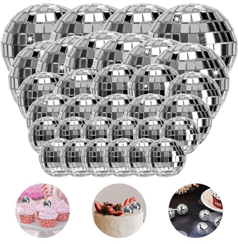 32 Pcs Disco Ball Cake Decorations, Silver Shiny Disco Ball | Disco Balls Decorations Cake Toppers for Christmas Tree, Wedding, Birthday Party Decoration, Light Effect