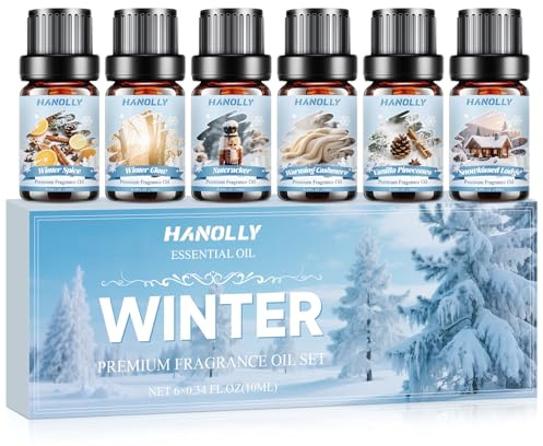 Hanolly Winter Ätherische Öle Set, 6 x 10ml Aroma Diffuser Öl Duftöle für Kerzenherstellung - Wintergewürz, Winterglühen, Nussknacker, Wärmender Kaschmir, Vanille Tannenzapfen, Schneegeküsste Hütte