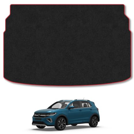 VW T-Cross (2019+) Carpet Boot Mat | Red Edge Trim Tailored Fit Boot Liner Full Coverage Protection Accessories Easy Clean Anti Slip Made in the UK