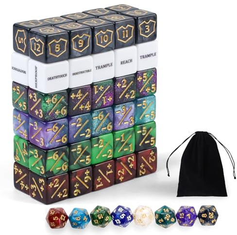 QUTHZZHY 68stk MTG-Würfelzähler-Set, Schlüsselwörter Leben +1/-1 Zähler | Schild Lebenszähler, MTG Würfel Set, mit D20-Würfeln und Tasche, für MTG, TCG, Karten, Gaming-Zubehör