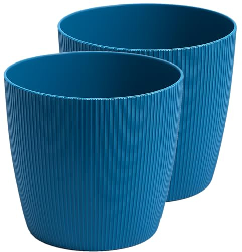 Home Garden Ornaments Modern Striped Plastic Plant Pots Indoor/Outdoor, 2 Pack, Blue, 18cm