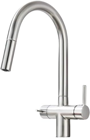 KLARWERK® Jana ausziehbare 3-Wege Armatur Edelstahl Silber gebürstet | Filter Trinkwasser Wasserhahn Küche | Mischbatterie U-Auslauf 3 Anschlüsse