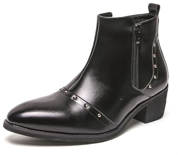 ENWIND Herren Nieten Chelsea Stiefel mit Doppelreißverschluss, Chukka Lederstiefel, mittelhohe Arbeits- und Business-Stiefeletten,Schwarz,44 EU