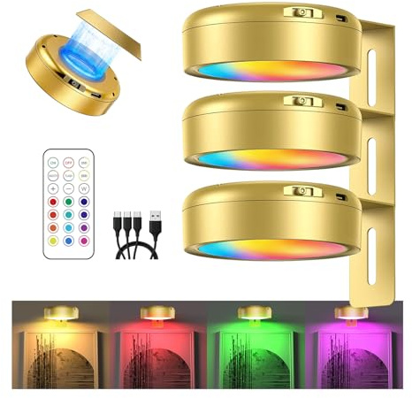 LIAISIMI 3 Stück RGB Bildbeleuchtung Kabellos, Wiederaufladbare Bilderleuchte Kabellos mit Fernbedienung, Bild Licht mit 13 Lichtfarben, Timer, Magnetisches Mallicht für Wand, Bild, Vitrinen (Gold)