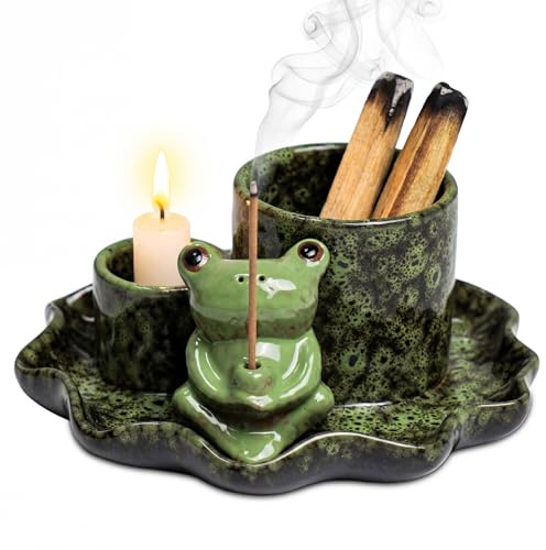 ZONSUSE Bruciatore di Incenso Rana Multifunzionale 4 in 1 con Vassoio Foglia di Loto, Porta Salvia, Palo Santo, Bastoncini e Coni in Ceramica, Decorazione Yoga & Meditazione (Rana Verde Loto)