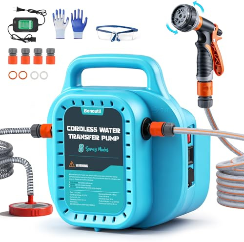 Bonoutil 21V Battery Powered Water Pump Cordless Water Transfer Pump Battery Operated with Garden Hose Nozzle 8 Spray Modes Portable Pressure Washer Watering Car Washing Tub Fish Tank Inflatable Pool