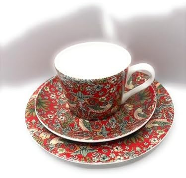 Heritage Fine Bone China Cup, Saucer and Side Plate Set, William Morris Red Strawberrry Thief Design, 7 fl oz Cup, 3 Piece Dinnerware Set