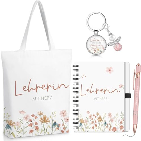 Hestya 4er Set Danke Geschenkset für Lehrerin Erzieherin Kollegin | Canvas-Tasche, A6-Notizbuch, Stift, Schlüsselanhänger mit Engelsanhänger, Für Freundin, Abschluss- und Abschiedsgeschenk
