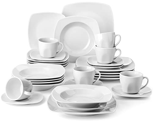 MALACASA, Serie Julia, Geschirrset 6 Personen, 30 Teilig Porzellan Geschirr Set,Kombiservice Tafelservice mit Speiseteller, Dessertteller, Suppenteller, Kaffeetassen, Untertassen je 6 Stück