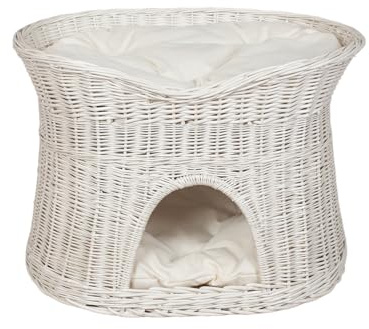 Katzenkorb zum Schlafen – Katzenhütte Indoor – Größe XL: 70 cm oval – Katzenhöhle aus Weide – Zweistöckiger Hunde – oder Katzenbett mit waschbaren Kissen in Ecru – Weiße korbfarbe