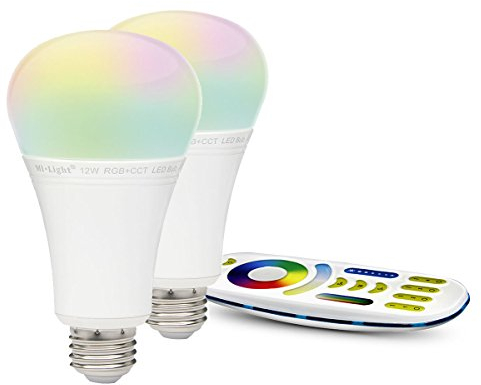 lighteu®, 2x 12W E27 Miboxer WiFi E27 12W 2.4G RF telecomando RGBCCT LED lampadine luci con un telecomando a 4 zone 2x FUT105+FUT092
