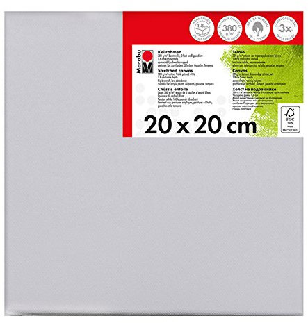 Marabu 1616000000200 - Keilrahmen, ca. 20 x 20 cm, Rahmentiefe ca. 1,8 cm, weiß, mit 380 g/qm Baumwolle bespannt, 3 fach grundiert, leicht saugend, für Acryl-, Öl-, Gouache- und Temperafarben