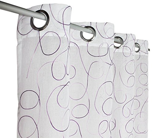 Haus und Deko Ösen Vorhang modern Art Gardine halbtransparent Weiß farbig Bestickt ca. 140x245 cm Zierstich Stickerei Lila Violett