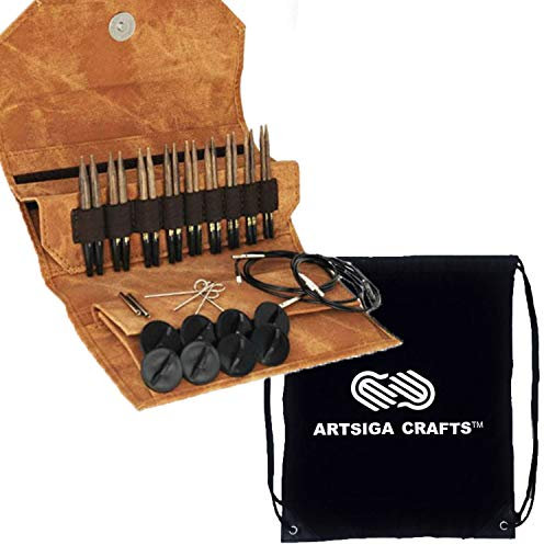 Lykke Umber 9 cm, Rundstricknadeln, Standard-Set, austauschbar, aus Birkenholz (US 3–10,5 / 3,25–6,5 mm), für Baby-, DK-, Worsted- und Chunky-Garn, mit 4 drehbaren Kabeln, braunes DM-Etui und