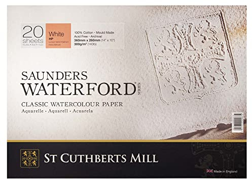 St Cuthberts Saunders Waterford HP Block White 300gsm 360 x 260mm 20 Sheets | Hot Pressed Paper, Professional Watercolour Paper, For Professional Artists