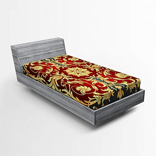 ABAKUHAUS Türkisch-Muster Spannbetttuch, Spiral-Laub, Soft Dekorativer Stoff Bettwäsche Rund-um Elastischer Gummizug, 90 x 200 cm, Ruby-Senf-Schwarz