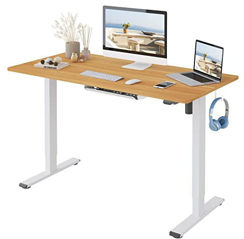 FLEXISPOT ONE PIECE Electric Standing Desk Height Adjustable Standing Desk Sit Stand Desk Adjustable Desk Stand Up Desk for Home Office (120 * 60cm White Frame+ Maple Desktop)