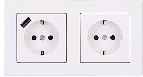 Jung SCHUKO USB-Steckdose Typ A (max. 3A) Komplett-Set Serie A: 1x USB-Steckdose A152018AWW und 1x Steckdose A1520KIWW und 2-fach Rahmen A5582BFWW Alpinweiß