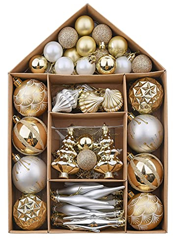 Valery Madelyn Christmas Tree Decorations - Gold & White Shatterproof Baubles Set, 70pcs (3-9cm) for Xmas Tree Ornaments