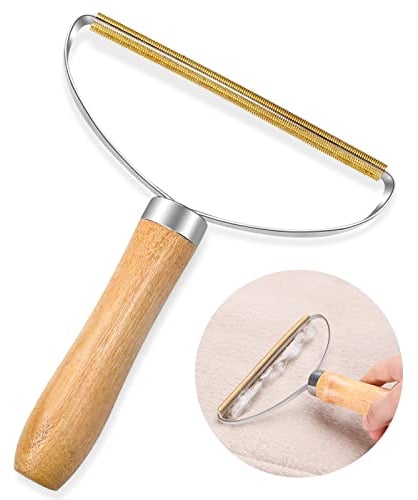 MOTONG 1 Pack Lint Remover, Double Carpet Scraper Manual Brush Tool Shaver Clothes Fuzz Roller Wooden Handle Reusable Mini Lint Cleaner for Pet Hair, Fuzz