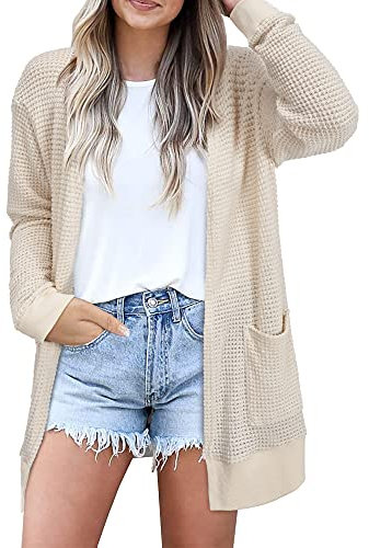 STYLEWORD Cardigans for Women UK Ladies Long Cardigan Summer Lightweight Open Front Sweater Knit Outfits with Pockets(Apricot,X-Large)