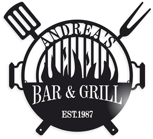 Personalisierte Bar & Grill Namensschild, BBQ Metallschild, Grill Wanddeko, Wanddekoration, Einweihungsgeschenk, Grillen Wanddekoration, Geschenk für Vater, Wandschild (Design option 2)