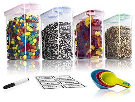 TNM Boite de Rangement Cuisine Lot de 4x2,5L, Pots hermétiques avec couvercles, Conservation farine, sucre, pates, céréales, riz, Bocaux de cuisine en plastique sans BPA