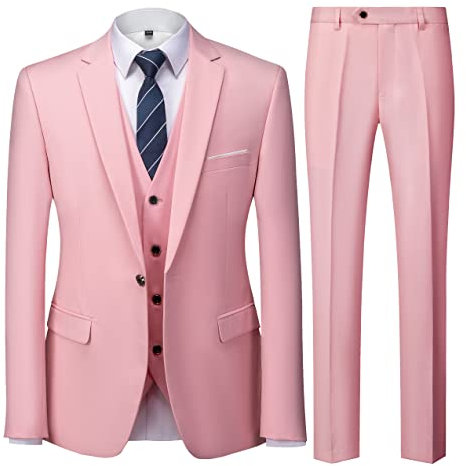 UNINUKOO Herren-Anzüge, schmale Passform, 3-teilig, 1-Knopf, für Hochzeit, formell, Business, Smoking, Jacke, Hose, Weste, Set, hellrosa Farbe, XL