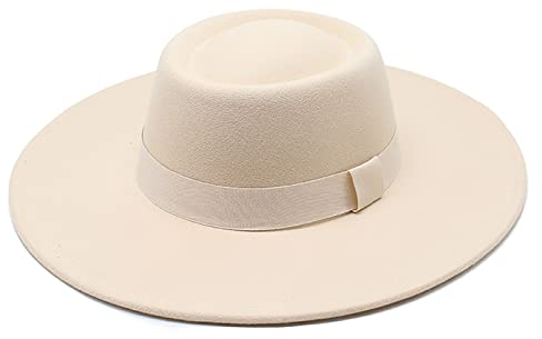 Klassischer Filz-Fedora-Hut für Damen und Herren, breite Krempe, flache Oberseite, Bootshut (Größe: M), Beige-Filz, 7-7.25